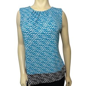 Calvin Klein Womens Teal White Abstract Print Pleated Neck Sleeveless Blouse L